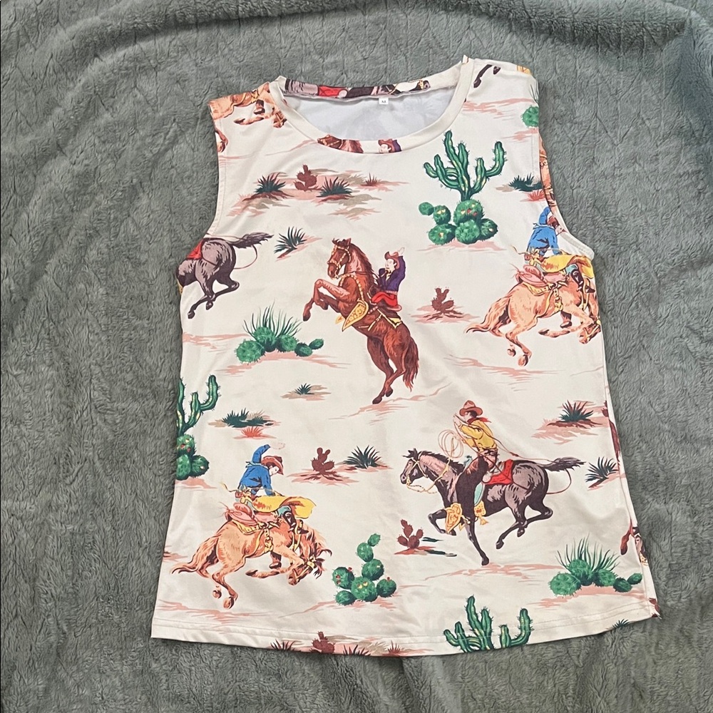 Kids Western Cowboy Graphic Tank Top - Cream with Multicolor Print